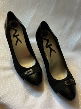 Anne Klein Black Cap-Toe Pumps with Decorative Buckle Accent